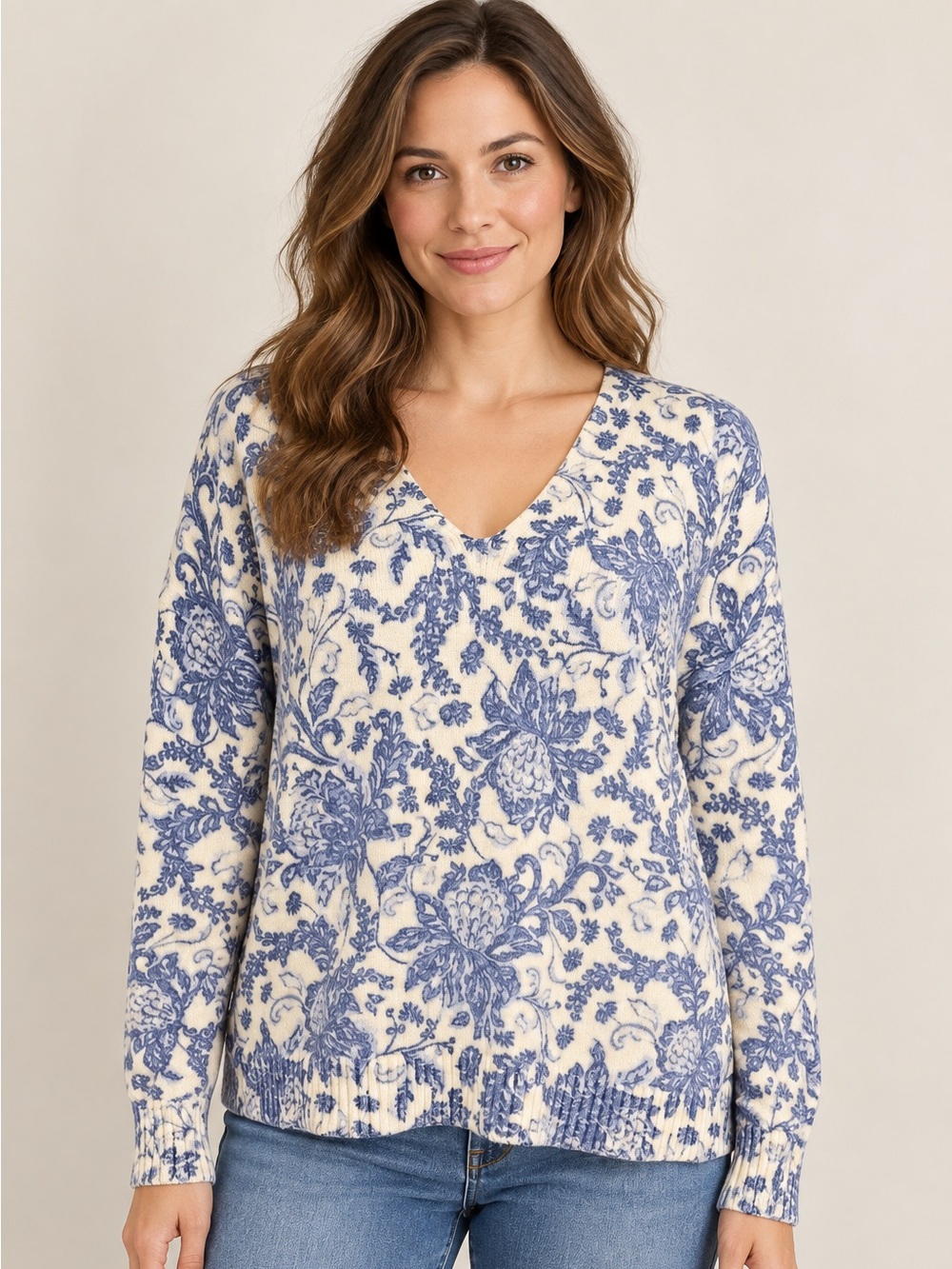 LOFT Women’s Small Blue Ivory Floral Toile V-Neck Pullover Sweater Soft